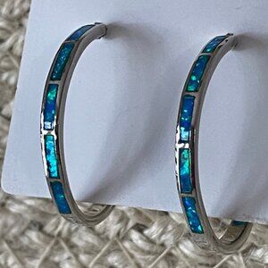 Blue Fire Opal Inlay in Sterling Silver Earrings